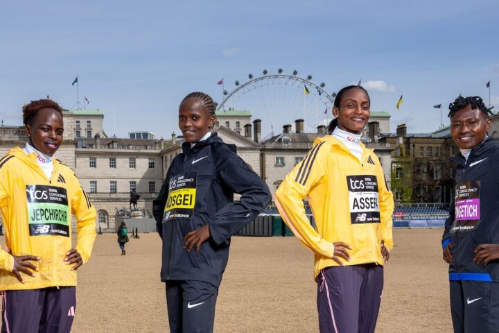 (l-r) Ruth Chepngetich (KEN), Brigid Kosgei (KEN), Tigist Ketema (ETH) and Peres Jepchirchir (KEN), pose for a photo at Horse Guards Parade ahead of the TCS London Marathon 2024