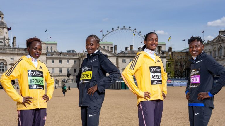 (l-r) Ruth Chepngetich (KEN), Brigid Kosgei (KEN), Tigist Ketema (ETH) and Peres Jepchirchir (KEN), pose for a photo at Horse Guards Parade ahead of the TCS London Marathon 2024